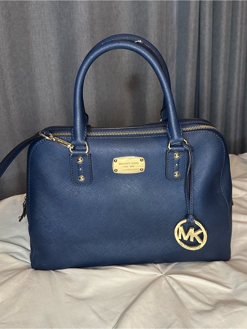 Michael Kors Navy Saffiano Leather Satchel with Gold Hardware
